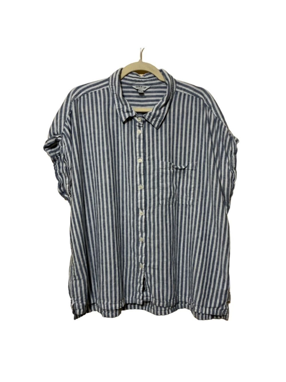 Orvis Linen-Blend Striped Blouse Women’s XXL Blue White Sleeveless Button Front